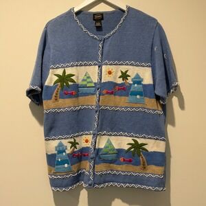Designers Studio Originals Blue Nautical Beach Embroidered Beaded Cardigan L